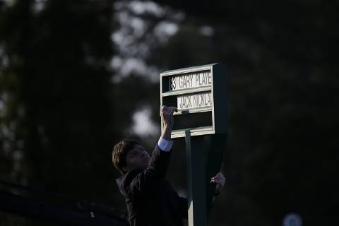 Jack Nicklaus and Gary Player have their name cards placed at the first tee before they arrive for the ceremonial tee shot before the first round at the 2019 Masters Tournament at Augusta National Golf Club in Augusta, Georgia, on April 11, 2019.  AUG20190411105 KEVINxDIETSCH