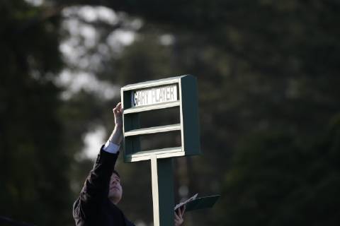 Jack Nicklaus and Gary Player have their name cards placed at the first tee before they arrive for the ceremonial tee shot before the first round at the 2019 Masters Tournament at Augusta National Golf Club in Augusta, Georgia, on April 11, 2019.  AUG20190411107 KEVINxDIETSCH