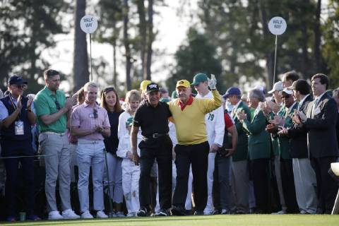 Jack Nicklaus and Gary Player arrive for the ceremonial first tee ball before the first round at the 2019 Masters Tournament at Augusta National Golf Club in Augusta, Georgia, on April 11, 2019.  AUG20190411103 JOHNxANGELILLO