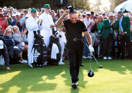 Golf legends Gary Player tips his hat before hitting the ceremonial tee to start the Masters Tournament at Augusta National Golf Club in Augusta, Georgia, on April 11, 2019.  AUG20190411309 KEVINxDIETSCH