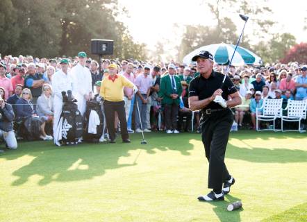 Golf legends Gary Player hits the ceremonial tee to start the Masters Tournament at Augusta National Golf Club in Augusta, Georgia, on April 11, 2019. Player and Jack Nicklaus hits ceremonial tee shots to start the 2019 Masters.  AUG20190411310 KEVINxDIETSCH