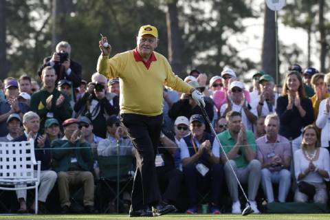 Jack Nicklaus waves before hitting the ceremonial first tee shot with Gary Player before the first round at the 2019 Masters Tournament at Augusta National Golf Club in Augusta, Georgia, on April 11, 2019.  AUG20190411110 JOHNxANGELILLO