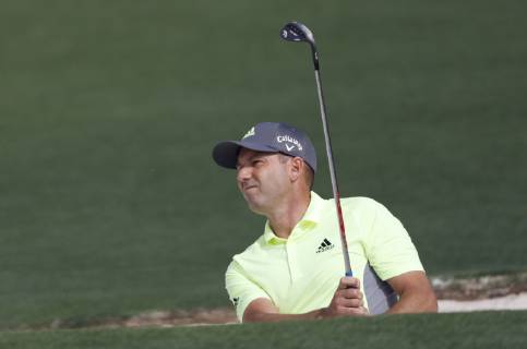 Sergio Garcia of Spain hits a bunker shot to the 2nd green in the first round at the 2019 Masters Tournament at Augusta National Golf Club in Augusta, Georgia, on April 11, 2019.  AUG20190411115 JOHNxANGELILLO