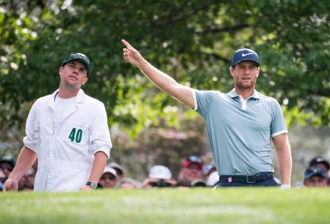 Lucas Bjerregaard reacts after hitting from the fourth tee during the first round of the Masters Tournament at Augusta National Golf Club in Augusta, Georgia, on April 11, 2019.  AUG20190411316 KEVINxDIETSCH