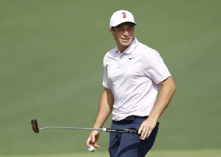 Viktor Hovland of Norway smiles on the 2nd hole in the first round at the 2019 Masters Tournament at Augusta National Golf Club in Augusta, Georgia, on April 11, 2019.  AUG20190411122 JOHNxANGELILLO