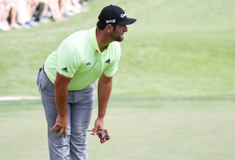 Jon Rahm of Spain reacts after a putt on the 16th green in the first round at the 2019 Masters Tournament at Augusta National Golf Club in Augusta, Georgia, on April 11, 2019.  AUG20190411807 KEVINxDIETSCH