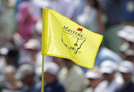 The Masters logo on the 18th pin flaps in the in the first round at the 2019 Masters Tournament at Augusta National Golf Club in Augusta, Georgia, on April 11, 2019.  AUG20190411150 JOHNxANGELILLO
