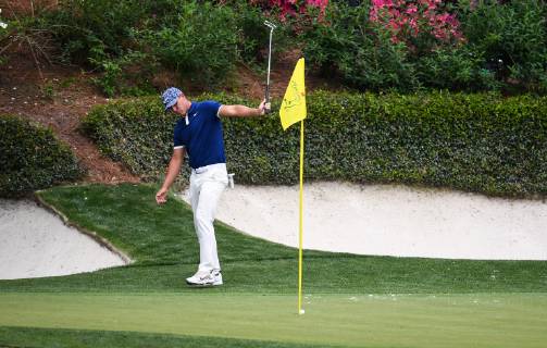 Brooks Koepka celebrates after putting for birdie on the 12th green during the first round of the Masters Tournament at Augusta National Golf Club in Augusta, Georgia, on April 11, 2019.  AUG20190411358 KEVINxDIETSCH