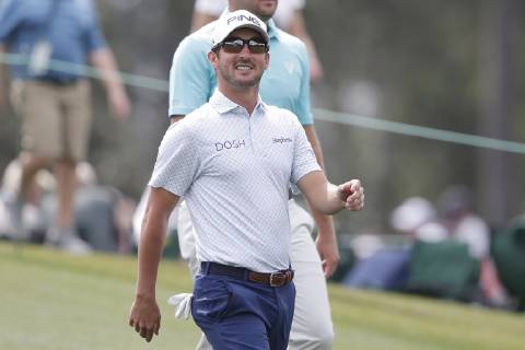 Thornburg Olesen of Denmark smiles as he walks to the 9th green in the second round at the 2019 Masters Tournament at Augusta National Golf Club in Augusta, Georgia, on April 12, 2019.  AUG20190412104 JOHNxANGELILLO