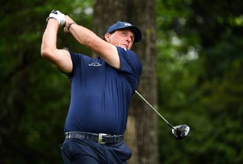 Phil Mickelson watches his drive off of the second tee during the second round of the Masters Tournament at Augusta National Golf Club in Augusta, Georgia, on April 12, 2019.  AUG20190412311 KEVINxDIETSCH