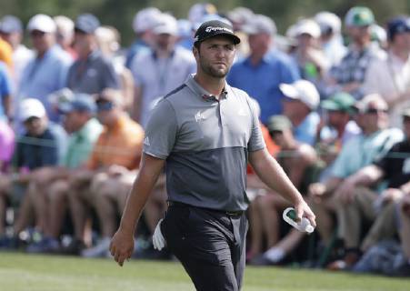 Jon Rahm of Spain walks to the 8th fairway in the second round at the 2019 Masters Tournament at Augusta National Golf Club in Augusta, Georgia, on April 12, 2019.  AUG20190412124 JOHNxANGELILLO