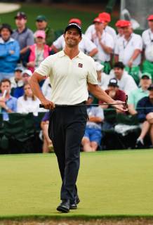 Adam Scott reacts after missing a putt on the 18th tee during the second round of the Masters Tournament at Augusta National Golf Club in Augusta, Georgia, on April 12, 2019.  AUG20190412343 KEVINxDIETSCH