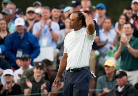 Tiger Woods finishes his second round of the Masters Tournament at Augusta National Golf Club in Augusta, Georgia, on April 12, 2019.  AUG20190412349 KEVINxDIETSCH