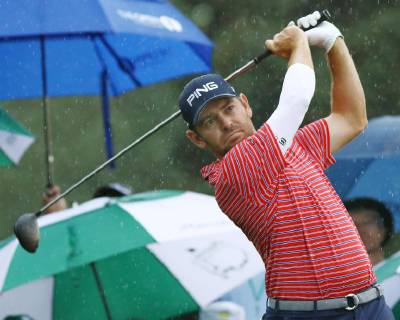 Golf: Masters Tournament Louis Oosthuizen of South Africa tees off on the 18th hole during the second round of the Masters Tournament at Augusta National Golf Club in Augusta, Georgia, on April 12, 2019. 