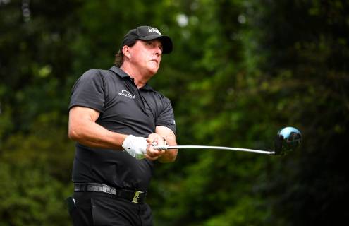 Phil Mickelson watches his drive off of the second tee during the third round of the Masters Tournament at Augusta National Golf Club in Augusta, Georgia, on April 13, 2019.  AUG20190413304 KEVINxDIETSCH
