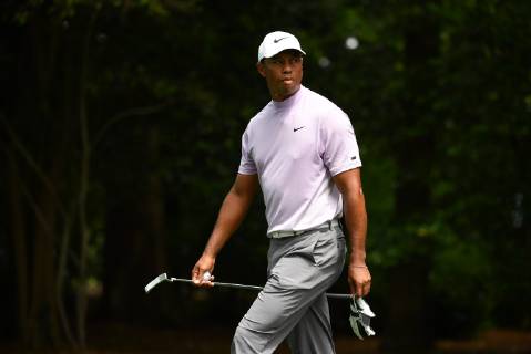 Tiger Woods prepares to drive off of the second tee during the third round of the Masters Tournament at Augusta National Golf Club in Augusta, Georgia, on April 13, 2019.  AUG20190413306 KEVINxDIETSCH