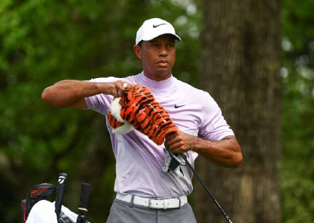 Tiger Woods prepares to drive off of the second tee during the third round of the Masters Tournament at Augusta National Golf Club in Augusta, Georgia, on April 13, 2019.  AUG20190413307 KEVINxDIETSCH