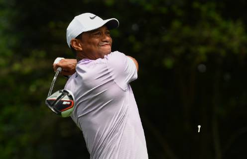 Tiger Woods hits off of the second tee during the third round of the Masters Tournament at Augusta National Golf Club in Augusta, Georgia, on April 13, 2019.  AUG20190413308 KEVINxDIETSCH