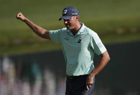 Matt Kuchar reacts after making a birdie on the 16th hole in the third round at the 2019 Masters Tournament at Augusta National Golf Club in Augusta, Georgia, on April 13, 2019.  AUG20190413922 JOHNxANGELILLO