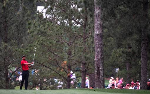 Tiger Woods hits on the first fairway during the final round of the Masters Tournament at Augusta National Golf Club in Augusta, Georgia, on April 14, 2019.  AUG20190414314 KEVINxDIETSCH