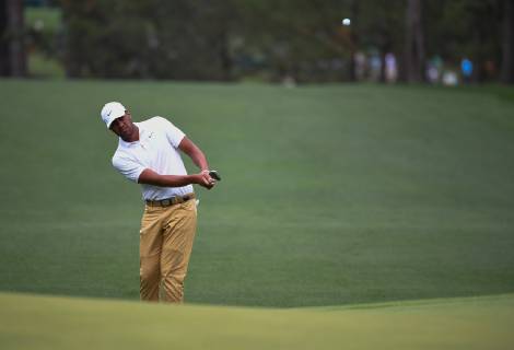 Tony Finau hits on the first fairway during the final round of the Masters Tournament at Augusta National Golf Club in Augusta, Georgia, on April 14, 2019.  AUG20190414316 KEVINxDIETSCH