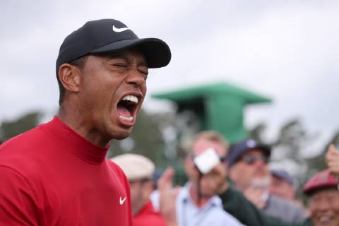 Tiger Woods (USA) celebrates winning on the 18th hole during the final round of the 2019 Masters golf tournament at the Augusta National Golf Club in Augusta, Georgia, United States, on April 14, 2019. Noxthirdxpartyxsales  (101271201)