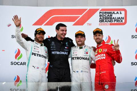 Lewis Hamilton Valtteri Bottas Mercedes Grand Prix Sebastian Vettel Scuderia Ferrari formula 1 GP Baku Azerbaijan 28 04 2019 Photo mspb Jerry Andre Podium Lewis Hamilton Valtteri Bottas Sebastian Vettel formula 1 GP Azerbaijan