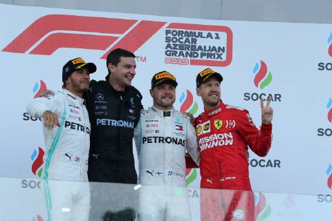 Lewis Hamilton Valtteri Bottas Mercedes Grand Prix Sebastian Vettel Scuderia Ferrari formula 1 GP Baku Azerbaijan 28 04 2019 Photo mspb Lukas Gorys Podium Lewis Hamilton Valtteri Bottas Sebastian Vettel formula 1 GP Azerbaijan
