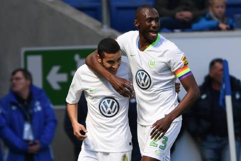 28 04 2019 xmeix Football 1 Bundesliga TSG 1899 Hoffenheim VfL Wolfsburg emspor v l Jubel zum Ausgleich zum 1 1 by De Asevedo Furtado VfL Wolfsburg with Josuha Guilavogui VfL Wolfsburg DFL regulations prohibit any use of photographs as image sequences and or quasi video 1 Fussball Bundesliga TSG 1899 Hoffenheim VfL Wolfsburg Sinsheim Copyright: xEIBNER Meiserx EP_MEIS