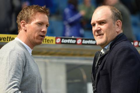28 04 2019 xmeix Football 1 Bundesliga TSG 1899 Hoffenheim VfL Wolfsburg emspor v l Hoffenheims Coach Julian Nagelsmann TSG 1899 Hoffenheim with Wolfsburgs GF Sports Joerg Schmadtke DFL regulations prohibit any use of photographs as image sequences and or quasi video 1 Football Bundesliga TSG 1899 Hoffenheim VfL Wolfsburg Sinsheim Copyright: xEIBNER Meiserx EP_MEIS