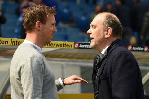 28 04 2019 xmeix Football 1 Bundesliga TSG 1899 Hoffenheim VfL Wolfsburg emspor v l Hoffenheims Coach Julian Nagelsmann TSG 1899 Hoffenheim with Wolfsburgs GF Sports Joerg Schmadtke DFL regulations prohibit any use of photographs as image sequences and or quasi video 1 Football Bundesliga TSG 1899 Hoffenheim VfL Wolfsburg Sinsheim Copyright: xEIBNER Meiserx EP_MEIS