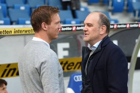 28 04 2019 xmeix Football 1 Bundesliga TSG 1899 Hoffenheim VfL Wolfsburg emspor v l Hoffenheims Coach Julian Nagelsmann TSG 1899 Hoffenheim with Wolfsburgs GF Sports Joerg Schmadtke DFL regulations prohibit any use of photographs as image sequences and or quasi video 1 Football Bundesliga TSG 1899 Hoffenheim VfL Wolfsburg Sinsheim Copyright: xEIBNER Meiserx EP_MEIS