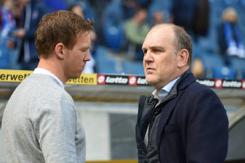 28 04 2019 xmeix Football 1 Bundesliga TSG 1899 Hoffenheim VfL Wolfsburg emspor v l Hoffenheims Coach Julian Nagelsmann TSG 1899 Hoffenheim with Wolfsburgs GF Sports Joerg Schmadtke DFL regulations prohibit any use of photographs as image sequences and or quasi video 1 Football Bundesliga TSG 1899 Hoffenheim VfL Wolfsburg Sinsheim Copyright: xEIBNER Meiserx EP_MEIS