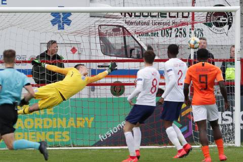 Netherlands v England UEFA EURO EM Europameisterschaft Fussball U17 U 17 Championship Louie Moulden of England cant stop the ball during the UEFA Euro U17 Championship match at Tolka Park, Drumcondra Content Not Available For UK Newspapers Copyright: xYannisxHalasx FIL-13221-0017
