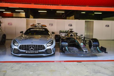 Safety Car and car of Lewis Hamilton, Mercedes AMG F1 W10 in the FIA garage FORMULE 1 : Grand Prix d Espagne - 09 05 2019 MPSAGENCY PANORAMIC 