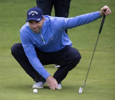 9th May 2019, Hillside Golf Club, Southport, England; Betfred British Masters, hosted by Tommy Fleetwood, first round ; Ross Fisher lines up his putt for birdie on the 8th green  ActionPlus12132705 DavidxBlunsden