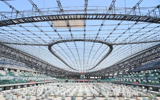 (190510) -- BEIJING, May 10, 2019 (Xinhua) -- Photo taken on May 9, 2019 shows the construction site of the National Speed skating Eisschnelllauf Hall, the venue for speed skating events of the 2022 Winter Olympic Games Olympische Spiele Olympia OS in Beijing, China. According to an exclusive interview on Thursday with Xu Zhijun, deputy secretary of the Beijing Organizing Committee for the 2022 Olympic and Paralympic Winter games Winterspiele Spiele Summer games the preparation work is so far going smoothly in terms of many aspects such as infrastructure construction projects, as there are 1000 days left until the 2022 Beijing Winter Olympics begin. (Xinhua Ren Chao) (SP)CHINA-BEIJING-BEJING 2022 OLYMPIC GAMES-VENEUS-CONSTRUCTION SITE (CN)