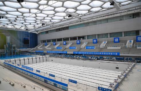 (190510) -- BEIJING, May 10, 2019 (Xinhua) -- Photo taken on May 9, 2019 shows the construction site of the National Aquatics Center, the venue for curling events of the 2022 Winter Olympic Games Olympische Spiele Olympia OS in Beijing, China. According to an exclusive interview on Thursday with Xu Zhijun, deputy secretary of the Beijing Organizing Committee for the 2022 Olympic and Paralympic Winter games Winterspiele Spiele Summer games the preparation work is so far going smoothly in terms of many aspects such as infrastructure construction projects, as there are 1,000 days left until the 2022 Beijing Winter Olympics begin. (Xinhua Ren Chao) (SP)CHINA-BEIJING-BEJING 2022 OLYMPIC GAMES-VENEUS-CONSTRUCTION SITE (CN)