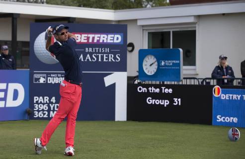 10th May 2019, Hillside Golf Club, Southport, England; Betfred British Masters, hosted by Tommy Fleetwood, day 2; Lucas Herbert (AUS) hits a long iron from the tee on the opening hole  ActionPlus12133140 DavidxBlunsden