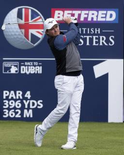 10th May 2019, Hillside Golf Club, Southport, England; Betfred British Masters, hosted by Tommy Fleetwood, day 2; Eddie Pepperell (ENG) hits a long iron from the tee on the first hole  ActionPlus12133152 DavidxBlunsden