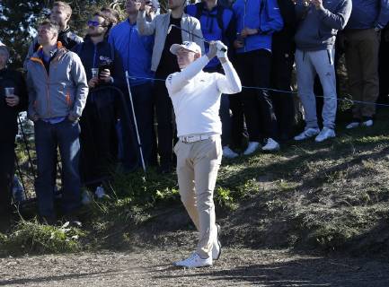 11th May 2019, Hillside Golf Club, Southport, England; Betfred British Masters, hosted by Tommy Fleetwood, day 3; Matt Wallace (ENG) plays his approach shot from the rough to the 18th green before finishing with a share of the overnight lead on 14 under par  ActionPlus12133874 AlanxMartin