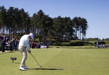 11th May 2019, Hillside Golf Club, Southport, England; Betfred British Masters, hosted by Tommy Fleetwood, day 3; Matt Wallace (ENG) hits his tee shot on the par three 7th hole  ActionPlus12133934 DavidxBlunsden