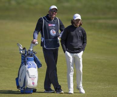 11th May 2019, Hillside Golf Club, Southport, England; Betfred British Masters, hosted by Tommy Fleetwood, day 3; Tommy Fleetwood (ENG) and his caddie Ian Finnis discuss their second shot on the par four 13th hole  ActionPlus12133936 DavidxBlunsden