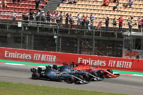 12th May 2019, Circuit de Barcelona-Catalunya, Barcelona, Spain; Formula One Grand Prix of Spain, race day; Mercedes AMG Petronas Motorsport, Lewis Hamilton, team mate Valtteri Bottas and Scuderia Ferrari, Sebastian Vettel go three wide down to turn 1  ActionPlus12134239 Octane