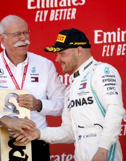 Motorsports: FIA Formula One World Championship WM Weltmeisterschaft 2019, Grand Prix of Spain, Dr. Dieter Zetsche (GER, Chairman of the Board of Management of Daimler AG, Head of Mercedes-Benz Cars), 77 Valtteri Bottas (FIN, Mercedes AMG Petronas Motorsport), Barcelona Spain