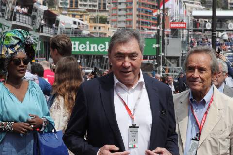 Photo4 LaPresse 25 05 2019 Monte Carlo, Monaco Grand Prix Formula One Monaco 2019 In the pic: Jacky Ickx (BEL), Eddy Merckx (BEL) and Khadja Nin, wife of Jacky Ickx (BEL)  Copyright: xPhoto4 LaPressex