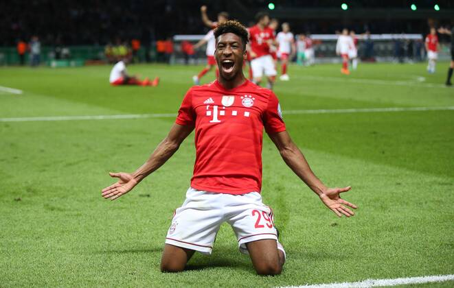 RB Leipzig Bayern Muenchen Football DFB Cup Final Berlin, 25 05 2019, Olympic Stadium, Football, DFB Cup, Final , RB Leipzig vs FC Bayern Munich , Goal for Bayern Im Bild Kingsley Coman 29,Bayern cheers his goal to 0 2 , DFB regulations prohibit any use of photographs as image sequences and or quasi video ,