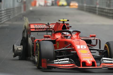 26th May 2019, Monte Carlo, Monaco; F1 Grand Prix of Monte Carlo, race day; Scuderia Ferrari, Charles Leclerc rear tire in shreds which will cause him to retire later in the race  ActionPlus12138146 Octane