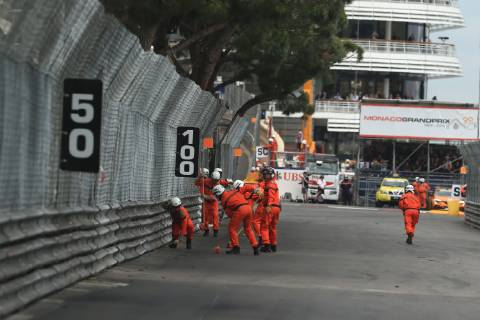 26th May 2019, Monte Carlo, Monaco; F1 Grand Prix of Monte Carlo, race day; Marshalls clear the circuit from debris from Charles LeClearc tyre shred  ActionPlus12138149 Octane