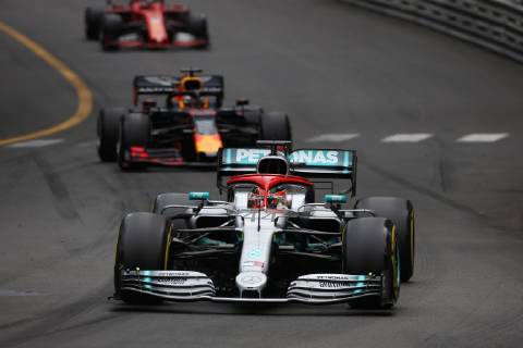 Photo4 LaPresse 26 05 2019 Monte Carlo, Monaco Grand Prix Formula One Monaco 2019 In the pic: Lewis Hamilton (GBR) Mercedes AMG F1 W10, Max Verstappen (NED) Red Bull Racing RB15 and Sebastian Vettel (GER) Scuderia Ferrari SF90  Copyright: xPhoto4 LaPressex
